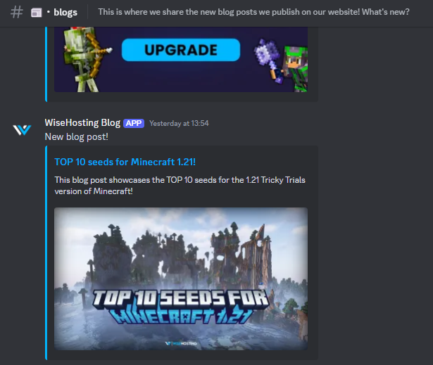 Image which showcases the blog post notifications in WiseHosting's discord server.