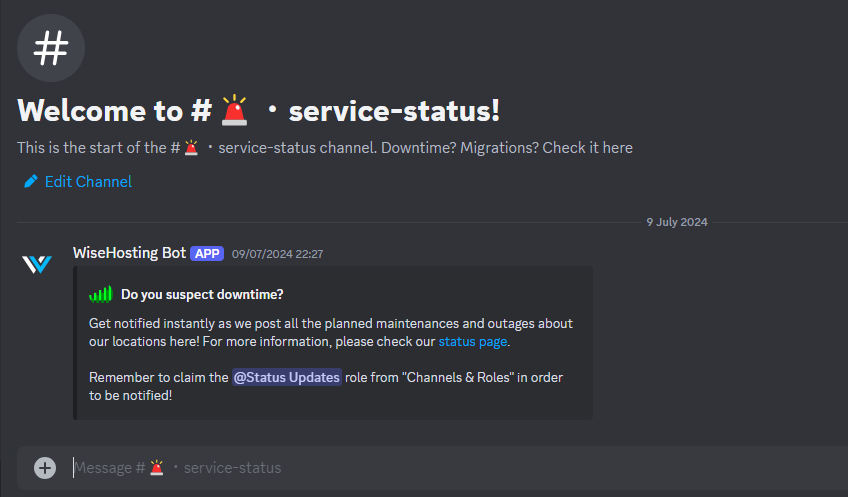 This image represents the service status feature in the WiseHosting's community discord.